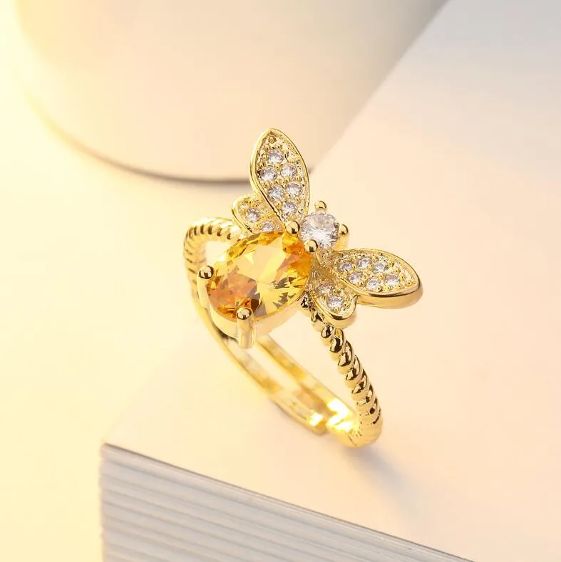 Banhados a ouro 14K Jóias Natural Citrino Little Bee anel de abertura ajustável