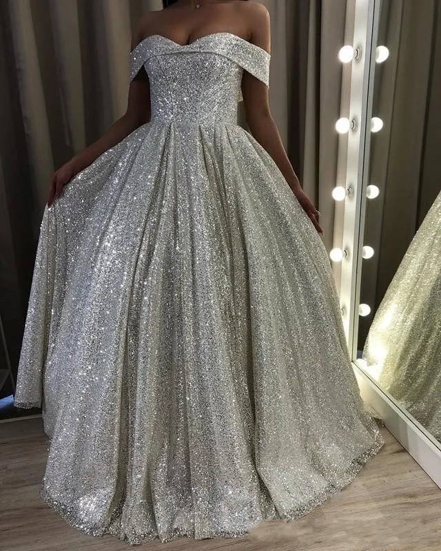 2020 Sexy Luksusowy Sliver Cekinowy Prom Dresses Off Ramię Wzburzyć Backless Linia Plus Size Długość podłogi Niestandardowe suknie wieczorowe Korant