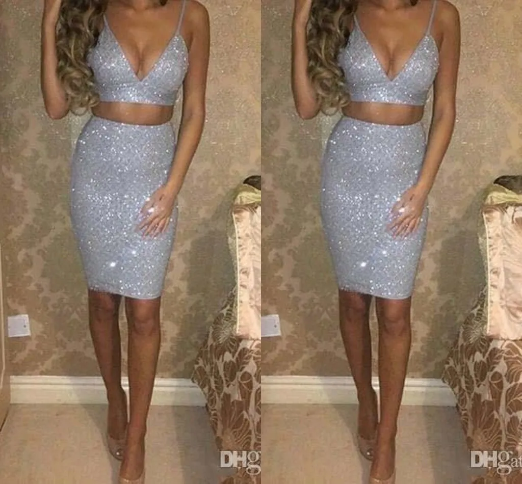 Bling Bling Silver Two Piece Cocktail Party Dresses Spaghetti Straps Sequined Short Prom Dresses Formal Evening Gown Keen Length V Neck