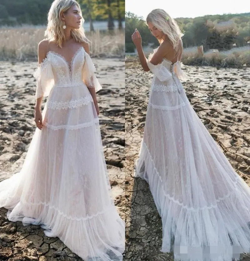 Lindo vestido de renda com retalhos, linha fora do ombro, alças espaguete, manga curta, praia, vestido de casamento, novia