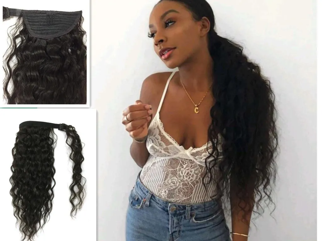Long Brazilian curly drawstring ponytail hairpiece afro puff human hair pony tail wrap clip in human hair extensions 160g