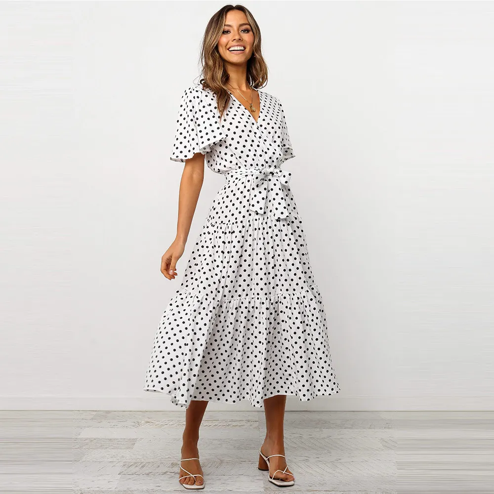 Casual jurken vrouwen geplooid V-hals polka korte mouw jurk lente en herfst kleding sexy