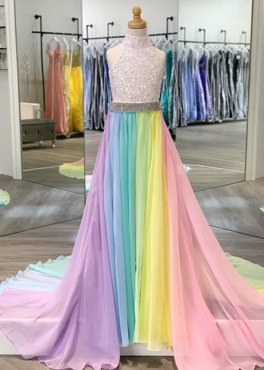 Pailletten Rompertje met AB Steen Regenboog Chiffon Rok Halter Hals Meisje Optocht Jurk Rits Terug Mouwloos169D