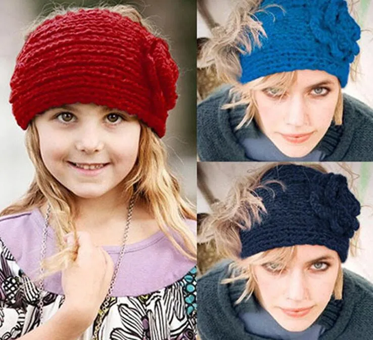 32色の編み物ウールのウールのかぎ針編みの髪のバンド冬の暖かい椿の花の女性の女の子子供のヘッドバンドの帽子のファッションヨーロッパアメリカ