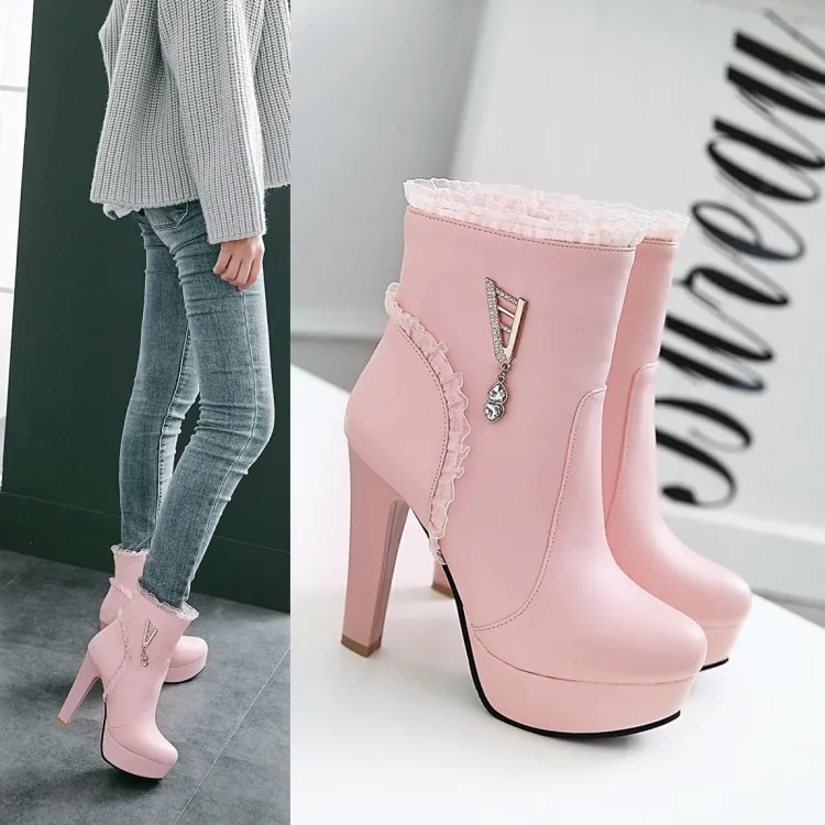 size 34 to 42 43 bride wedding shoes beige pink white ruffles chunky heels ankle booties luxury designer women boots