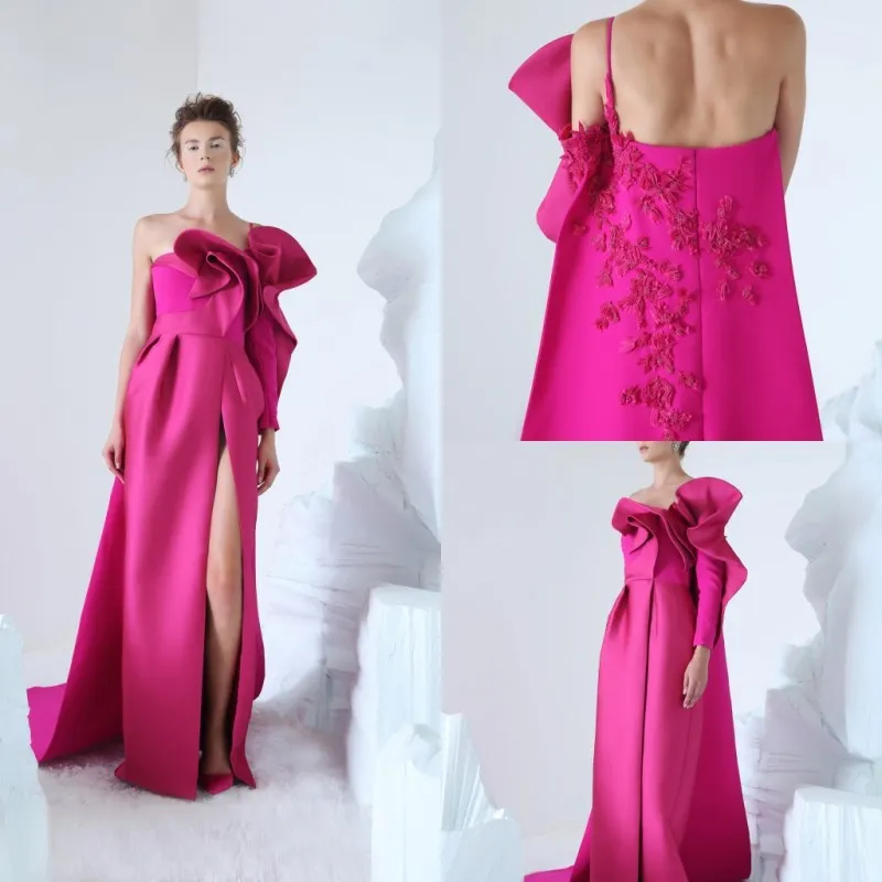 Azzi Osta 2019 Nowy Designer Split Prom Dresses One Ramię Z Długim Rękawem Koronki Appliqued Celebrity Party Suknie Satin Formalna Suknia