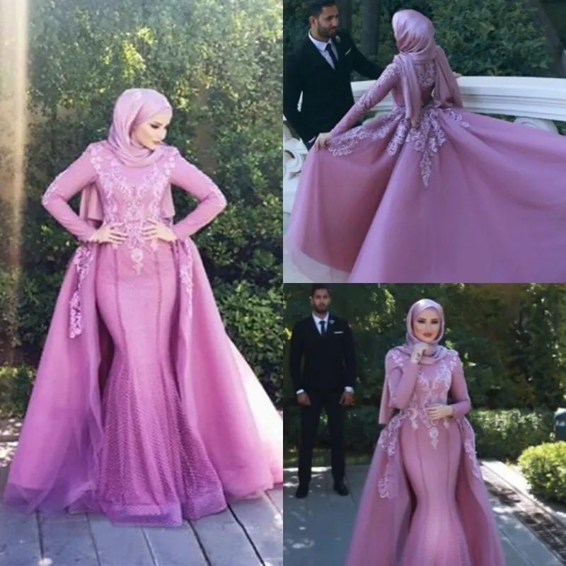 Dubai Roxo Sereia Vestidos de Noiva Muçulmanos Pescoço Lace Applique com Train destacável Vestidos nupciais Plus Size Saudi Arábico Vestido de Casamento