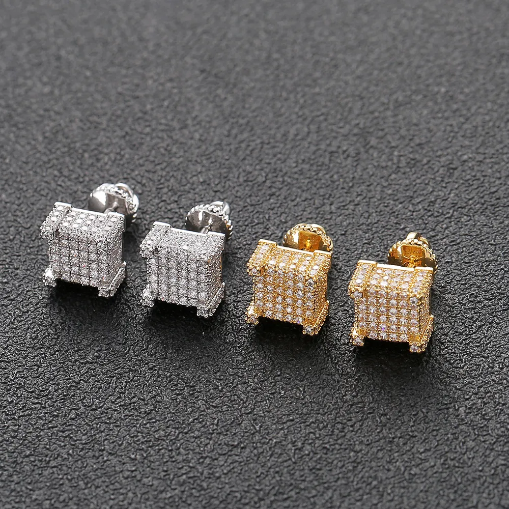 Mens Hip Hop CZ Square Stud Earrings Gold/Silver Iced Out