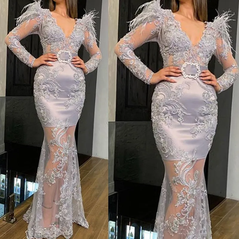 Robes de soirée en dentelle avec plumes 2020V cou manches longues robes de soirée de bal ceinture robes de soirée spéciales