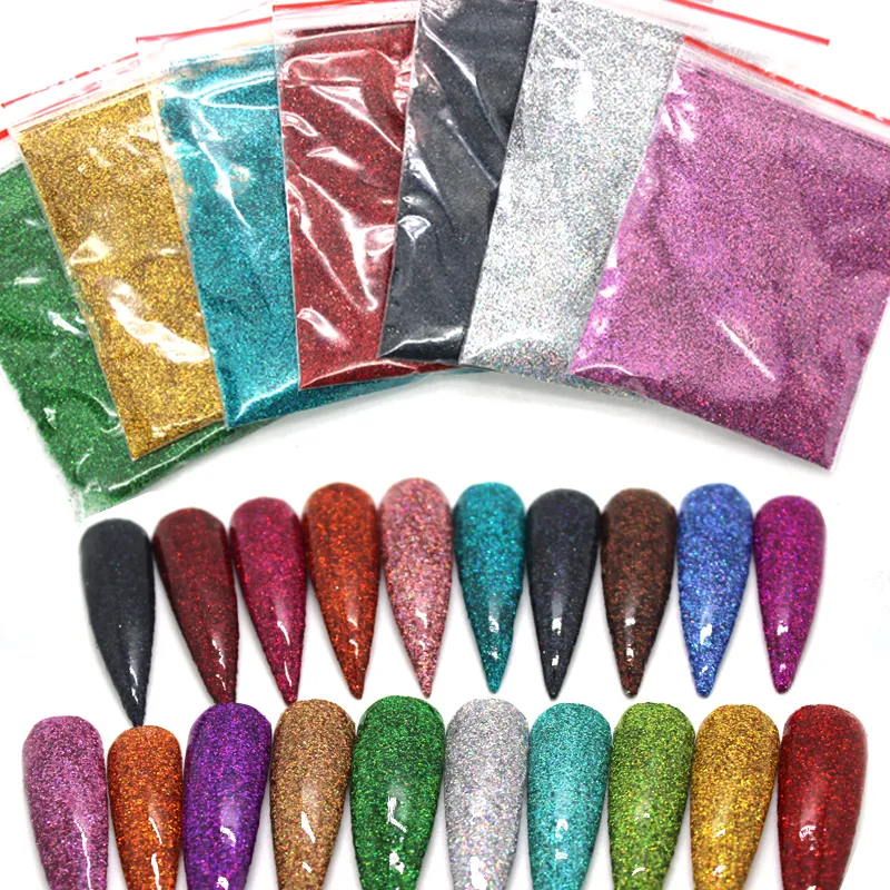 50 g/paquete de brillo holográfico en polvo, brillo de uñas de azúcar brillante, gran oferta, polvo de cromo para decoración de uñas, 26 colores