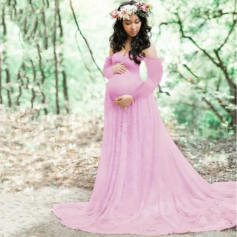 Lace de maternidad+vestido de algodón Props de fotografía de manga larga Vestidos de vestidos de vestidos para mujeres