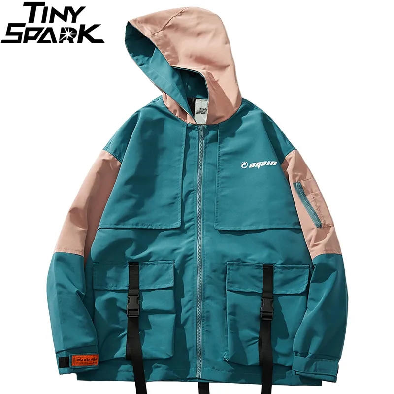 Men Hip Hop Jacket Harajuku Streetwear Retro Color Block Hooded Windbreaker Jacket Mult Pockets 2019 Track Coat Oversized