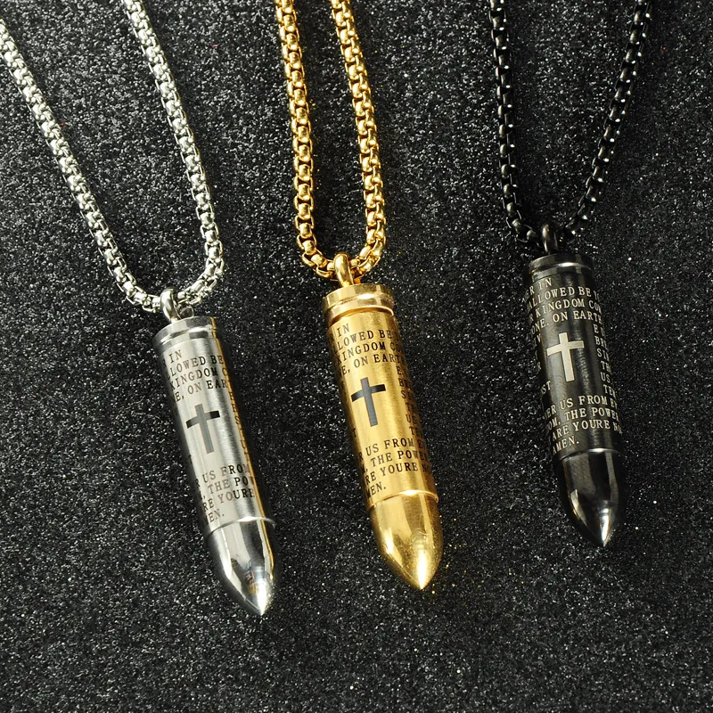 316L Stainless steel Open bullet Pendant Necklaces Mens Cross Scripture Locket Charm Gold chains For women Hip Hop Jewelry