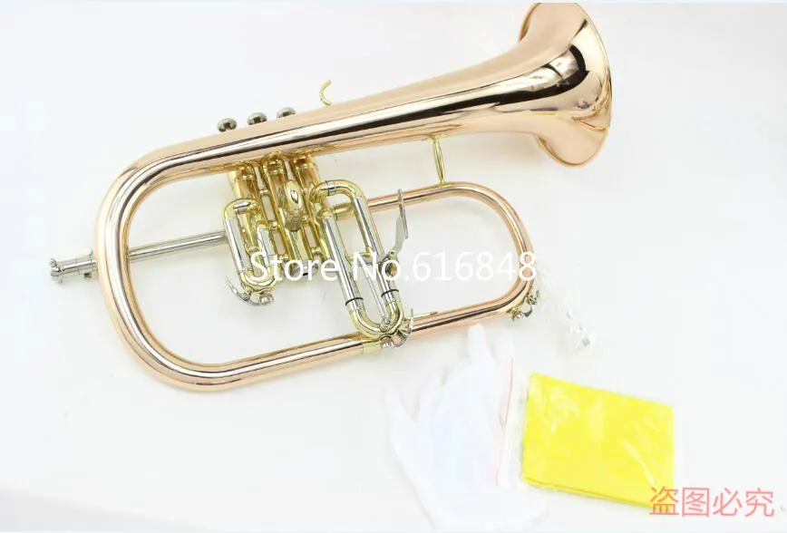 Margewate Phosphor Copper Gold Lacquer Högkvalitativ Flugelhorn BB Trumpet Brand Quality Monel Ventiler för studenter med fodral Gratis frakt