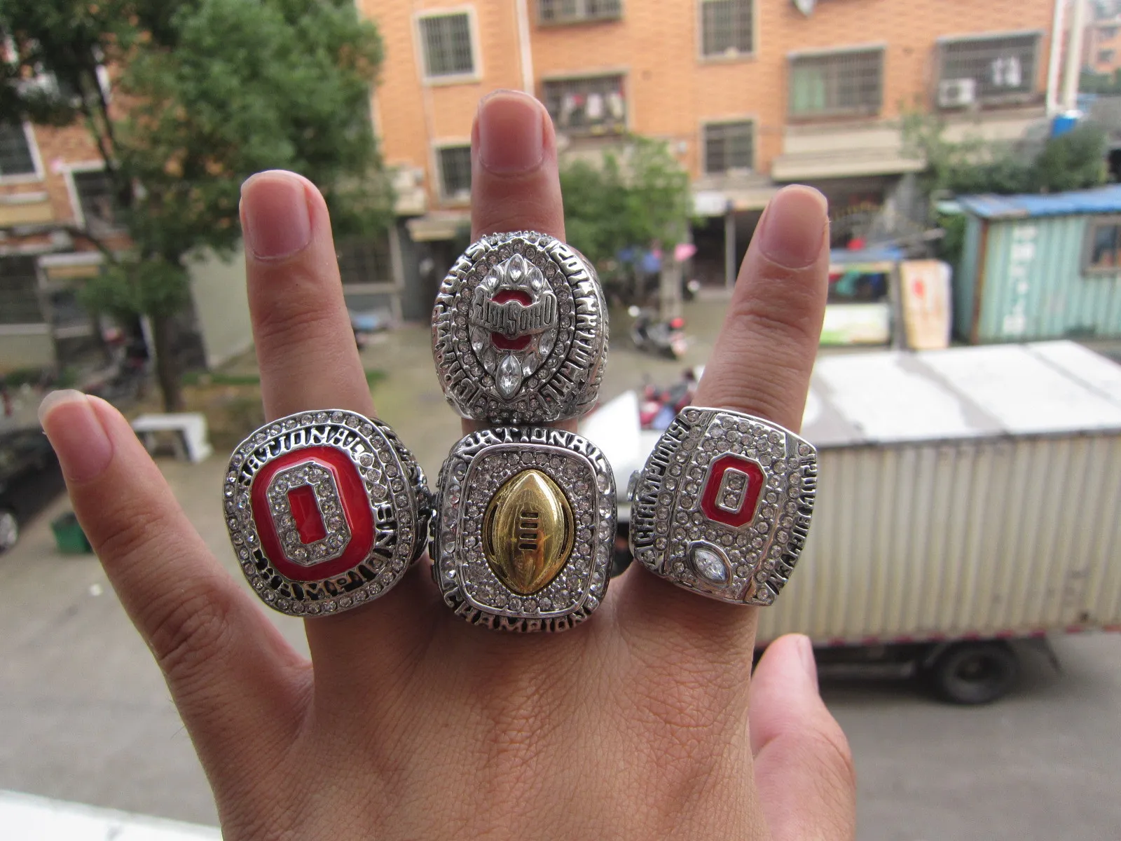 Ohio State 4 Piece Football National Championship Ring Set with Wooden Display Box Men s Souvenir Fan Gift