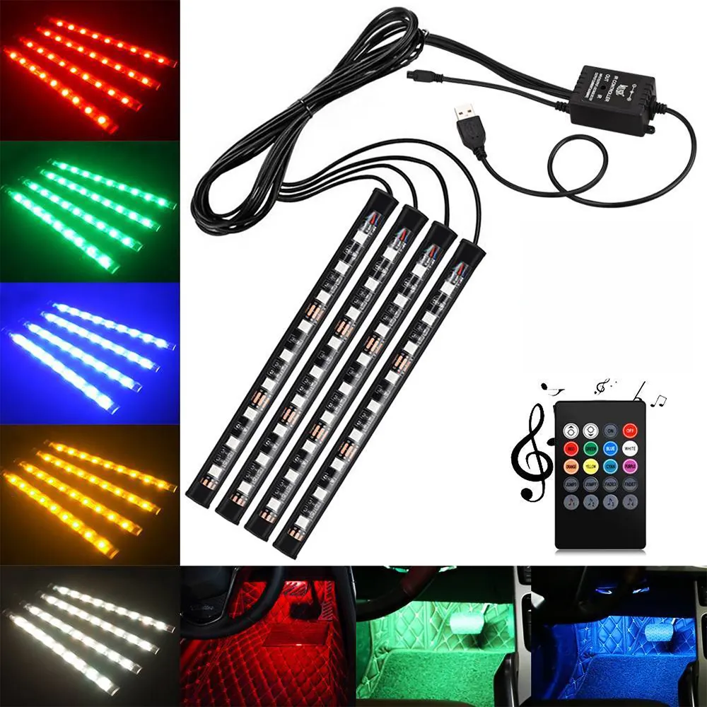 4pcs auto USB 5050 SMD 9 LED RGB Lights Strip Atmosfera interna Lampada al neon Controllo musicale + telecomando IR