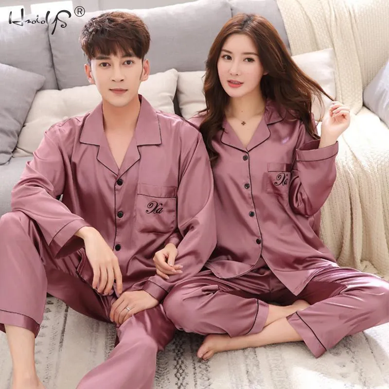 럭셔리 파자마 정장 새틴 실크 파자마 세트 커플 Sleepwear Pijama Lover Night Suit 남성 여성 캐주얼 홈 의류 T200110