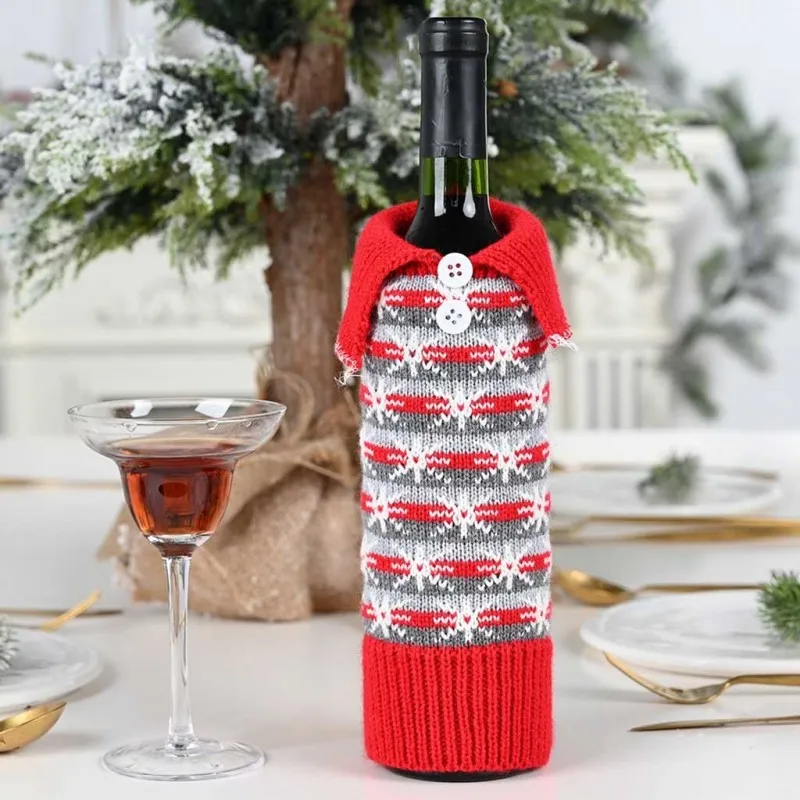 Knitted Christmas bottle cap bag snowflake button knit creative design Christmas table decoration wine bottle bag