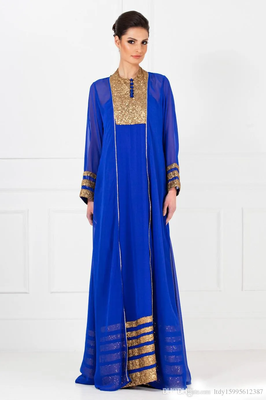 Długi rękaw Elegancka suknia 2019 Nowy Vintage Royal Blue Dubai Arabski Kaftan Muzułmański Muzułmański Suknie Wieczorowe Arabskie 212