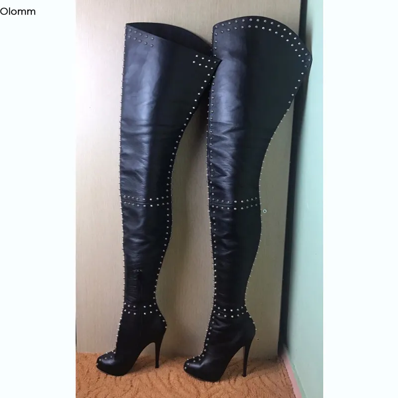 무릎 부츠 이상의 rontic 새로운 여성 섹시 리벳 Stiletto 하이힐 부츠 라운드 발가락 검은 나이트 클럽 신발 여성 미국 크기 5-15