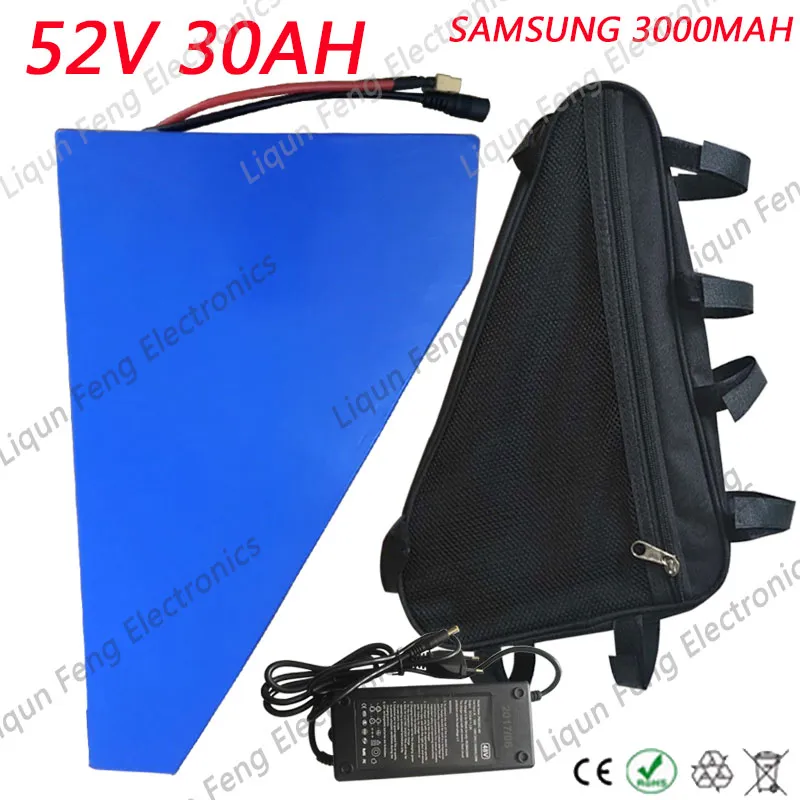 Gratis douanekosten 52v 30Ah e-bike lithium batterij Pack 2000 W 52V Triangle batterij Gebruik Samsung Cell 50a BMS 2A-oplader + gratis batterijzak