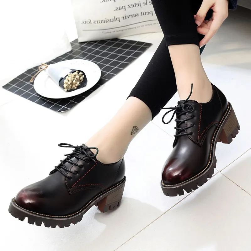 Women's Ladies Oxford Shoes Lace Up Brogue Flats Block Heel Pointed Toe  Pumps | eBay