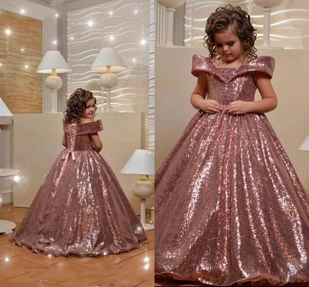 Cheap Rose Pink Girls Pageant Dresses Off the Shoulder Sequined Lace Sweep Train Sequins Kids Ball Gown Flower Girls Dress Birthday Gowns