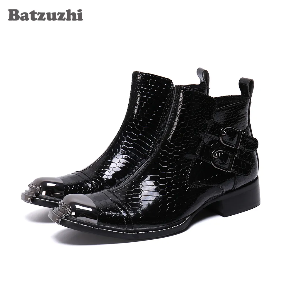 Batzuzhi Moda Uomo Stivali Stivaletti in pelle nera di lusso Punta quadrata Punta in metallo Stivali in pelle da lavoro Bota Masculina, Taglia 46