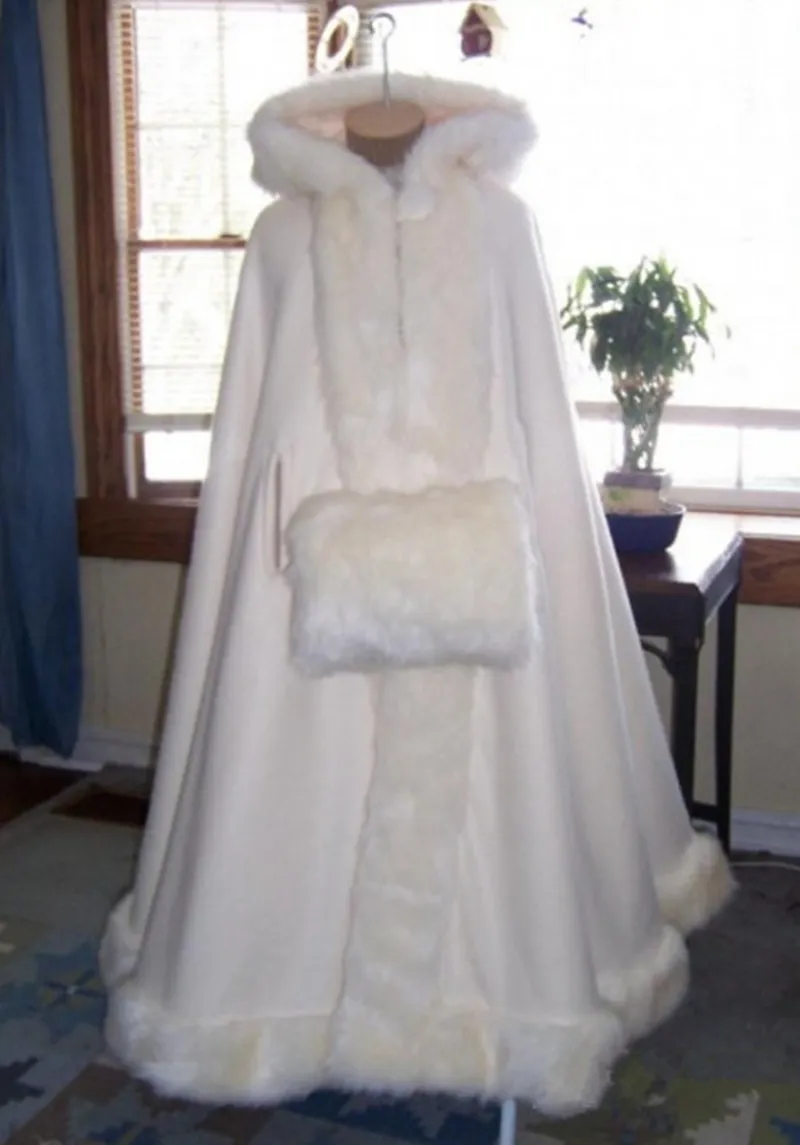 Elegancki z kapturem Przylądek Ślubny Faux Furtura kurtka zimowa bolerka kobiety ślubne długość płaszcza długą imprezową płaszcz ślubny al83