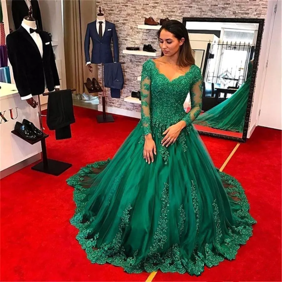 2020 elegante verde esmeralda vestidos de noche cuello en V manga larga encaje tul apliques con cuentas de talla grande vestidos de graduación robe de soiree BC2945