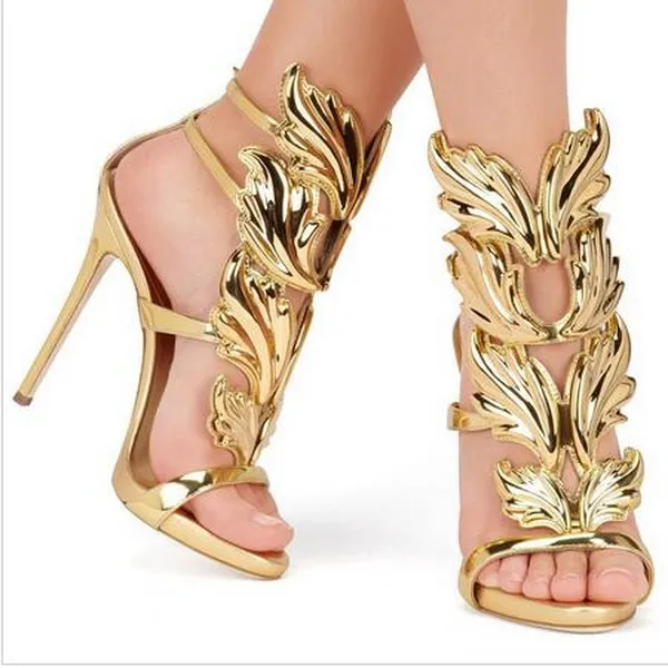 Kardashian Luxury Women Cruel Summer Pumps Polished Golden Metal Leaf Winged Gladiator Sandals High Heels Shoes With Box