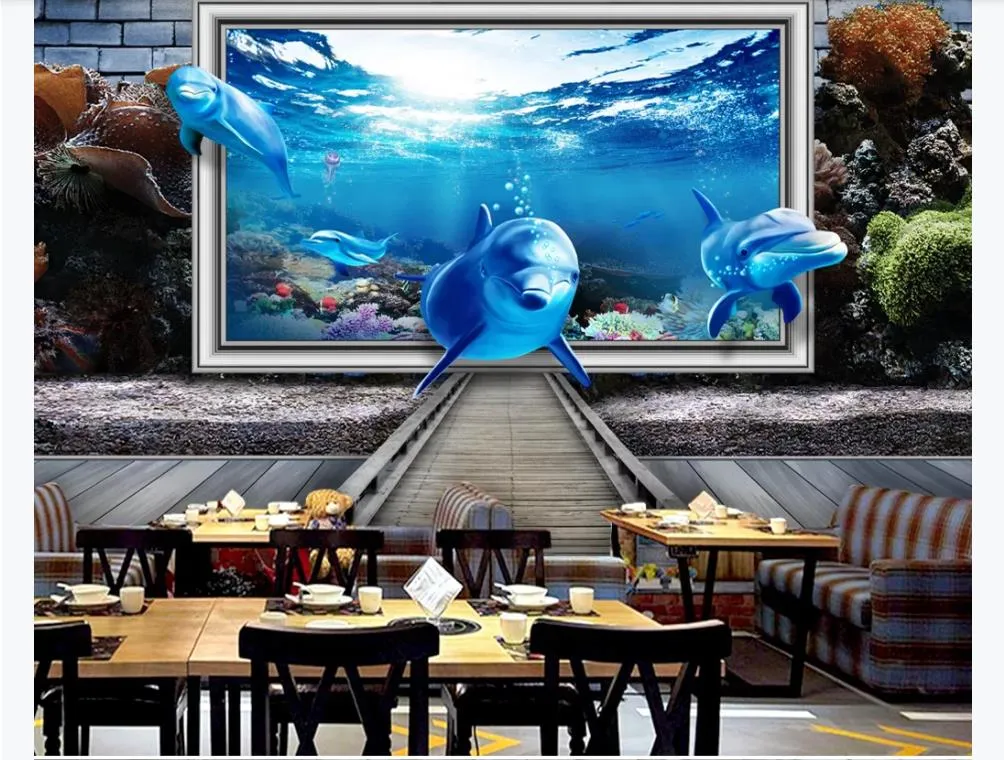 3d anpassad stor bild väggmålning tapet interiör dekoration dröm flyga ut ur havet dolphin 3d cafe restaurang bakgrundsvägg