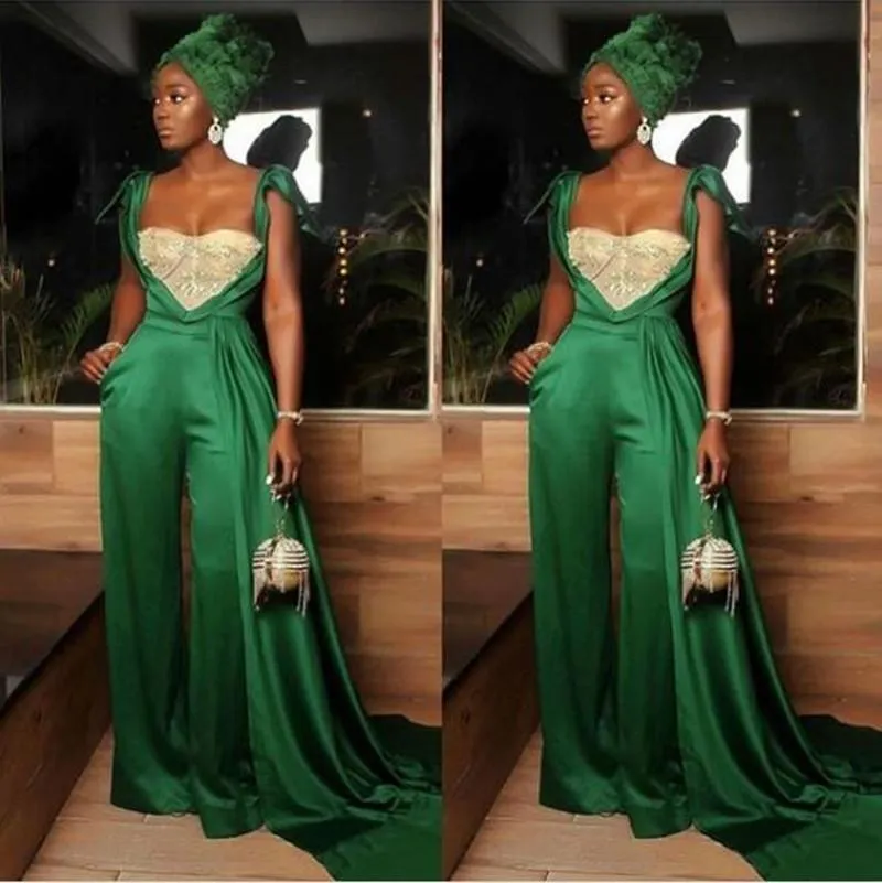 Unique Green Jumpsuit Prom Dresses Square Neck With Side Train