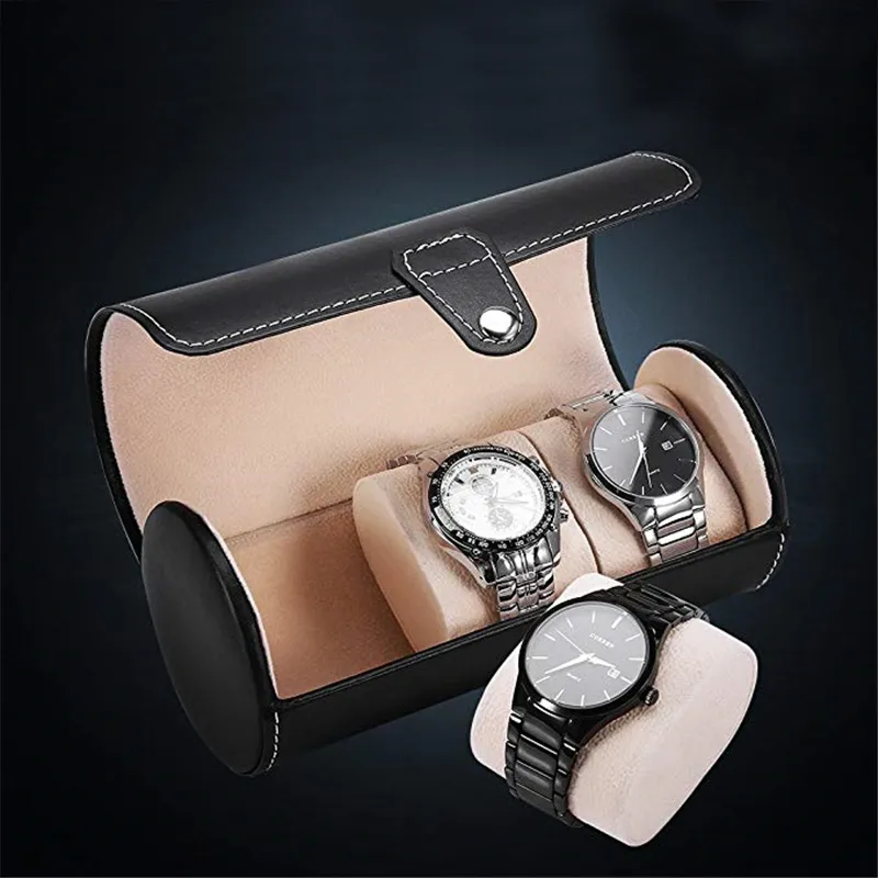 Caja de reloj para los hombres 3 rejillas Cilindro rollo titular de pulsera joyería de regalo de almacenamiento del caso de exhibición de gama alta de la PU caja de reloj
