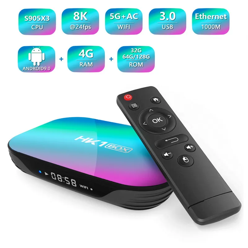 HK1 BOX 8K AMLOGIC S905X3 4GB RAM 64GB TV BOX ANDROID 9.0セットトップボックス1000MデュアルWIFI 4KスマートTVBOX