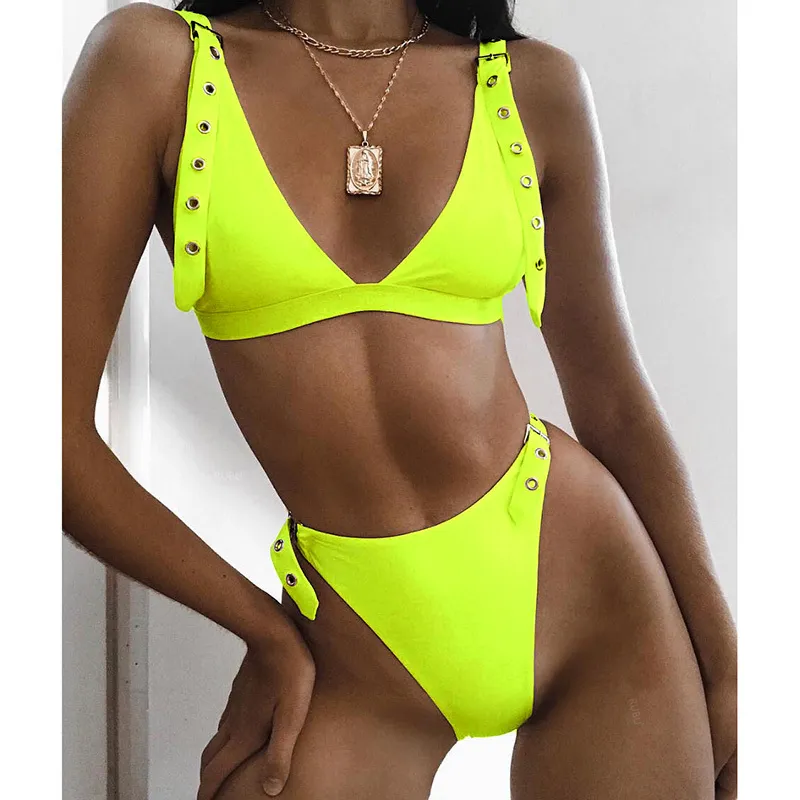 Neon Yeşil Yüksek Bel Bikini 2019 Kayışı Mayo Kadınlar Thong Mayo Kadın İki Adet Bikini Set Brezilyalı Mayo S19709