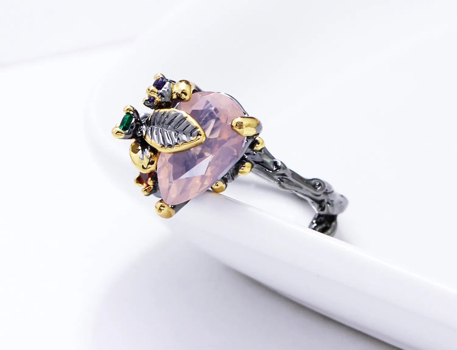 Moda-anel grande gota de água rosa pedras folhas de luxo jóias linda multi cor belas anéis para mulheres