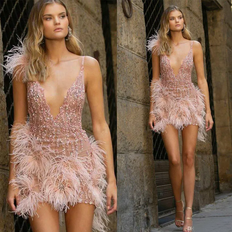 Berta Mini Abiti da ballo Perline con paillettes Piume di lusso Scollo a V profondo Abito da sera corto Abito da ritorno a casa chic Abbigliamento da festa Realizzato su misura