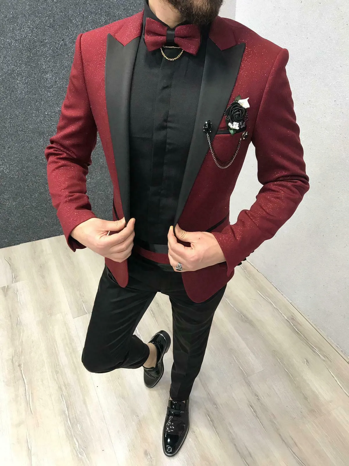 Burgundy and deals black prom suit