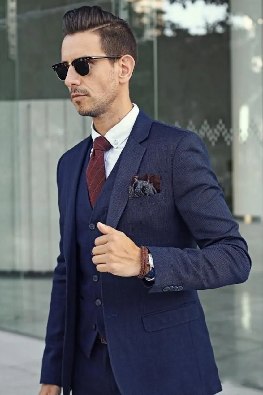Navy Blue Notch Lapel Groom Tuxedo Set With Two Buttons Classic