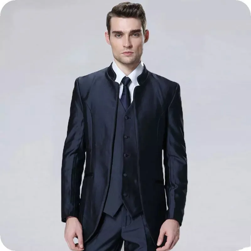Navy Blue Groom Tuxedos мандарин отворотом Groomsmen Mens Свадебное платье Отлично Человек куртка Blazer 3 шт Костюм (куртка + брюки + жилет + галстук) 185