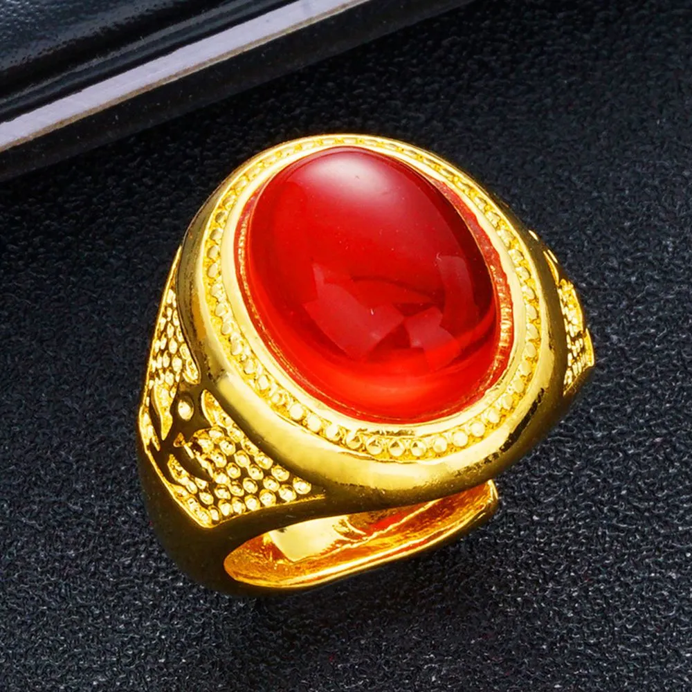 Bague de doigt en or jaune 18 carats pour hommes, rouge vif, classique, bande d'atmosphère, bijoux, taille réglable