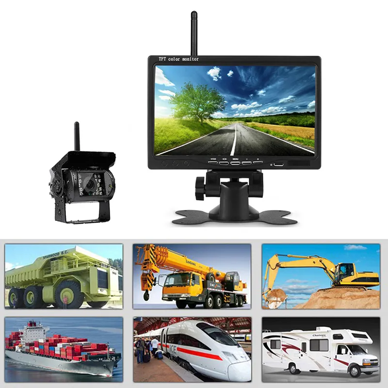 Monitor de visión trasera inalámbrico HD TFT LCD de 7 pulgadas, cámara de respaldo, sistema de estacionamiento con cargador de coche para camión, RV, remolque, autobús, cosechadora