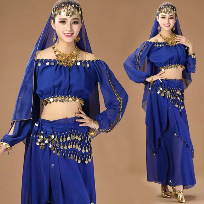 4pcs del vientre trajes de baile de Bollywood danza del vientre trajes de  traje determinada de la gasa para las mujeres Bollywood fijado para la Mujer