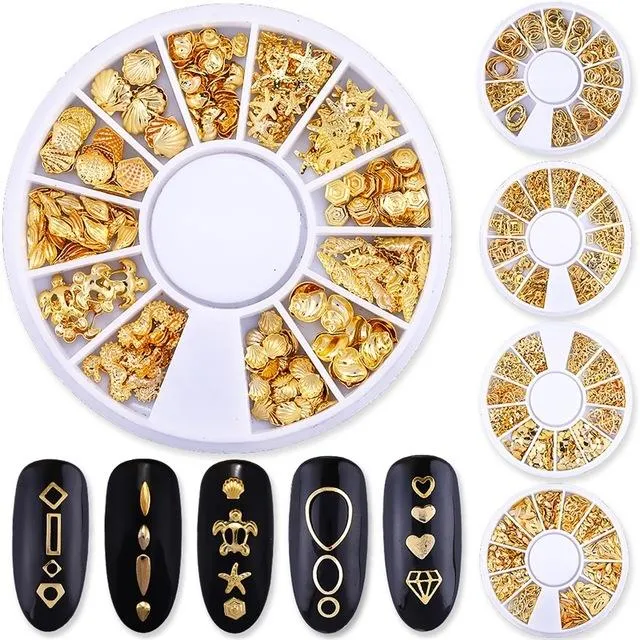 Na008 Mieszany Styl 3D Gold Metal Rivets Paznokci Sztuka Okrągły Serce Dekoracja Nails Naklejka Manicure Nail DIY Akcesoria w kole