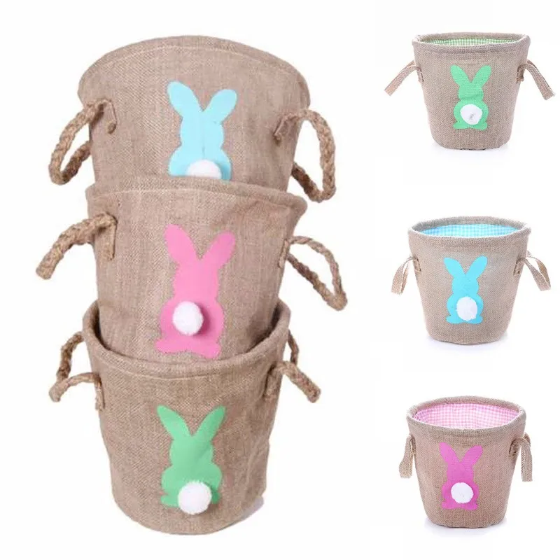 Easter Linen Basket Double Handle Bunny Basket Kids Jute Easter Bucket Pink Green Blue Rabbit Easter Storage Bag