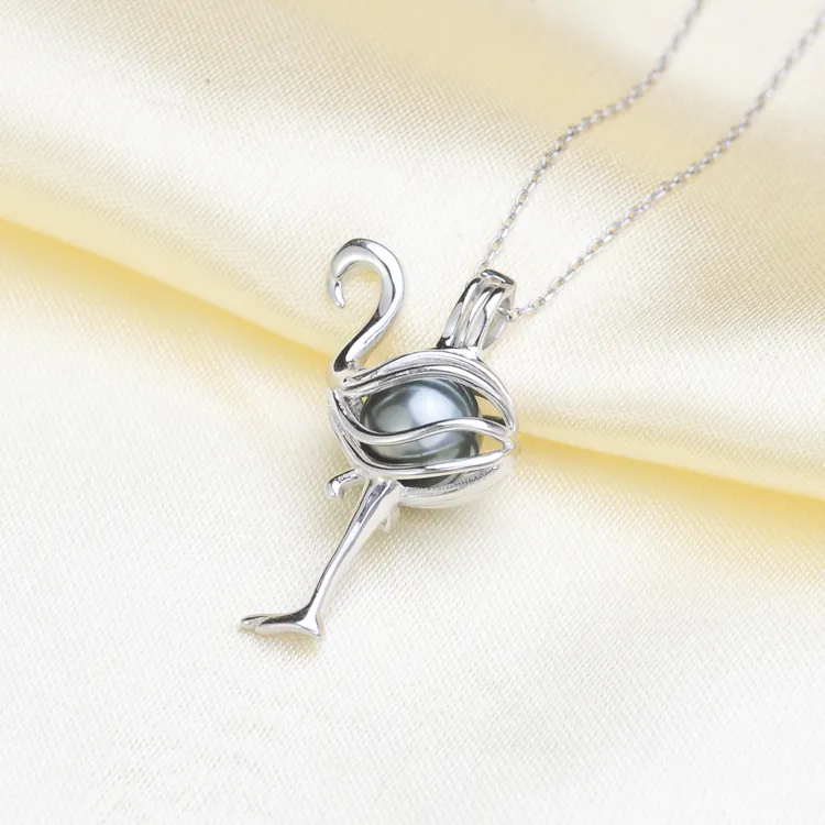 925 Sterling Silver 8-10mm Flamingo Shaped Essential Oljediffusor Halsband Locket Pearl Cage Pendant Tillbehör DIY Smycken