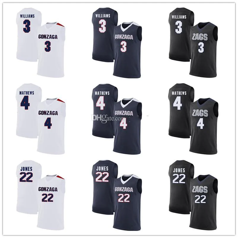 Gonzaga Bulldogs College # 22 Jeremy Jones Koszykówka Jersey # 3 Johnathan Williams # 4 Mathews Męskie Zszyte Numer niestandardowy Nazwa Koszulki