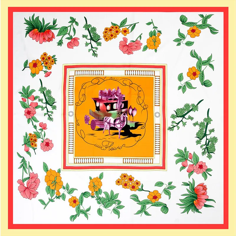 ツイルシルクスカーフ女性のファッションラージハイジャブキャリッジフラワープリントスクエアスカーフショールラップ女性Foulard Bandana 130cm * 130cm