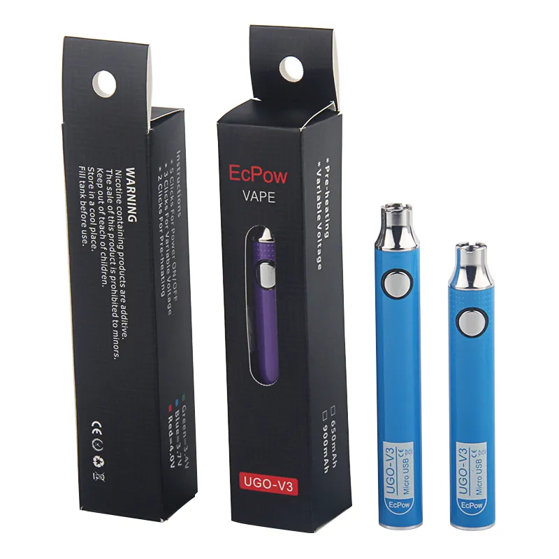 PRHEAT vape 펜 가변 전압 기화기 ECIG 배터리 UGO V3 마이크로 USB 충전 패스 트로그 650 900 MAH 배터리